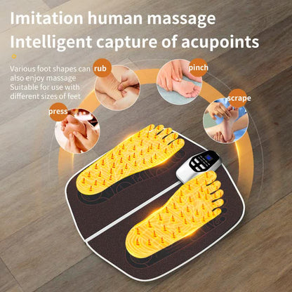 Hlpmedical electric foot massager mat with remote, LED display, 32 speeds, and 8 massage modes for relaxation and relief.