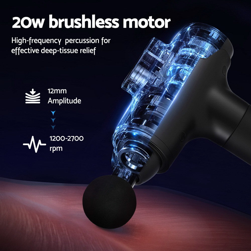 Everfit massage gun by Hlpmedical with 30 speeds, 8 heads, vibration therapy, rechargeable black muscle massager for relaxation.