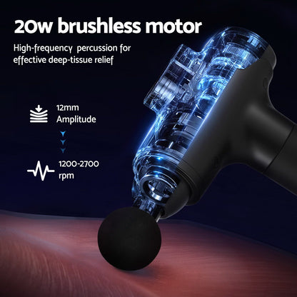Everfit massage gun by Hlpmedical with 30 speeds, 8 heads, vibration therapy, rechargeable black muscle massager for relaxation.
