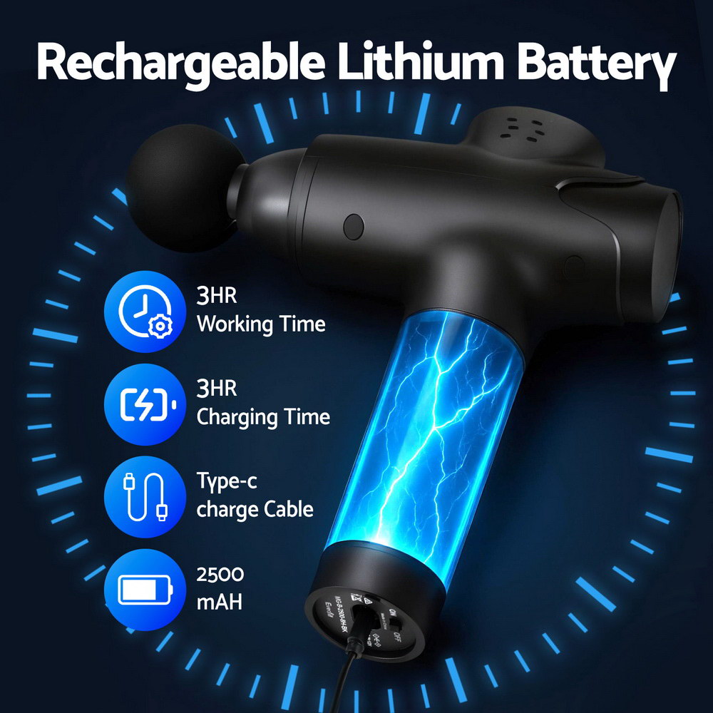 Everfit massage gun by Hlpmedical with 30 speeds and 8 interchangeable heads for muscle relaxation and vibration therapy in black