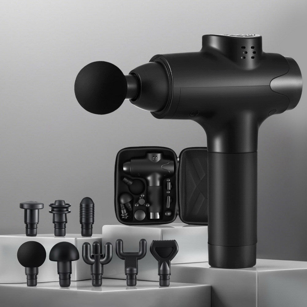 Everfit Massage Gun by Hlpmedical with 30 speeds, 8 massage heads, vibration therapy, chargeable black muscle massager.