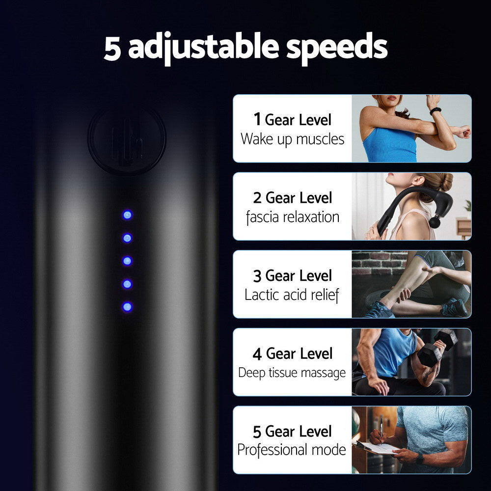 Hlpmedical Everfit massage gun with U-shaped extended handle and four massage heads for deep tissue relaxation.