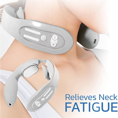 Gradient blue Hlpmedical neck massager with 12 levels, heating function, designed for pain relief and relaxation.