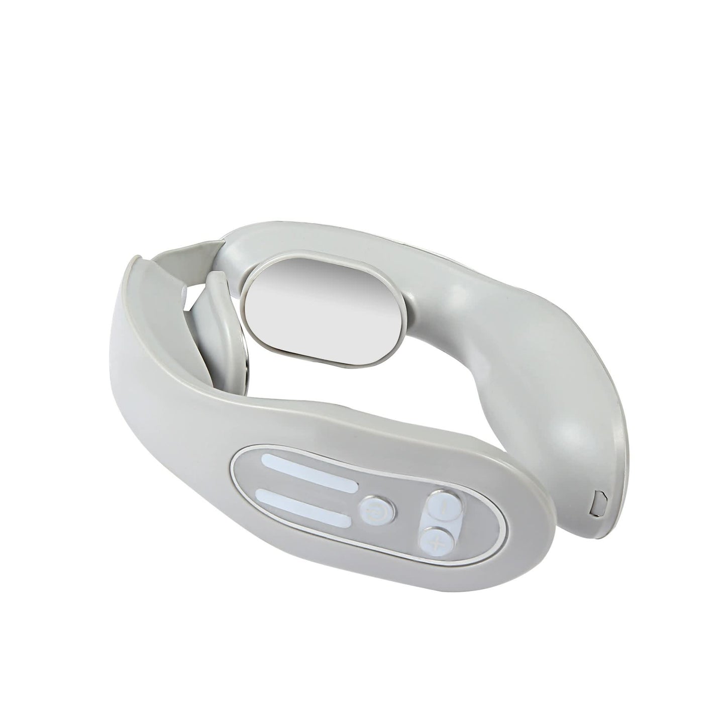 Gray Hlpmedical 12-level intelligent neck massager with heating function for pain relief and relaxation, showing its ergonomic design.