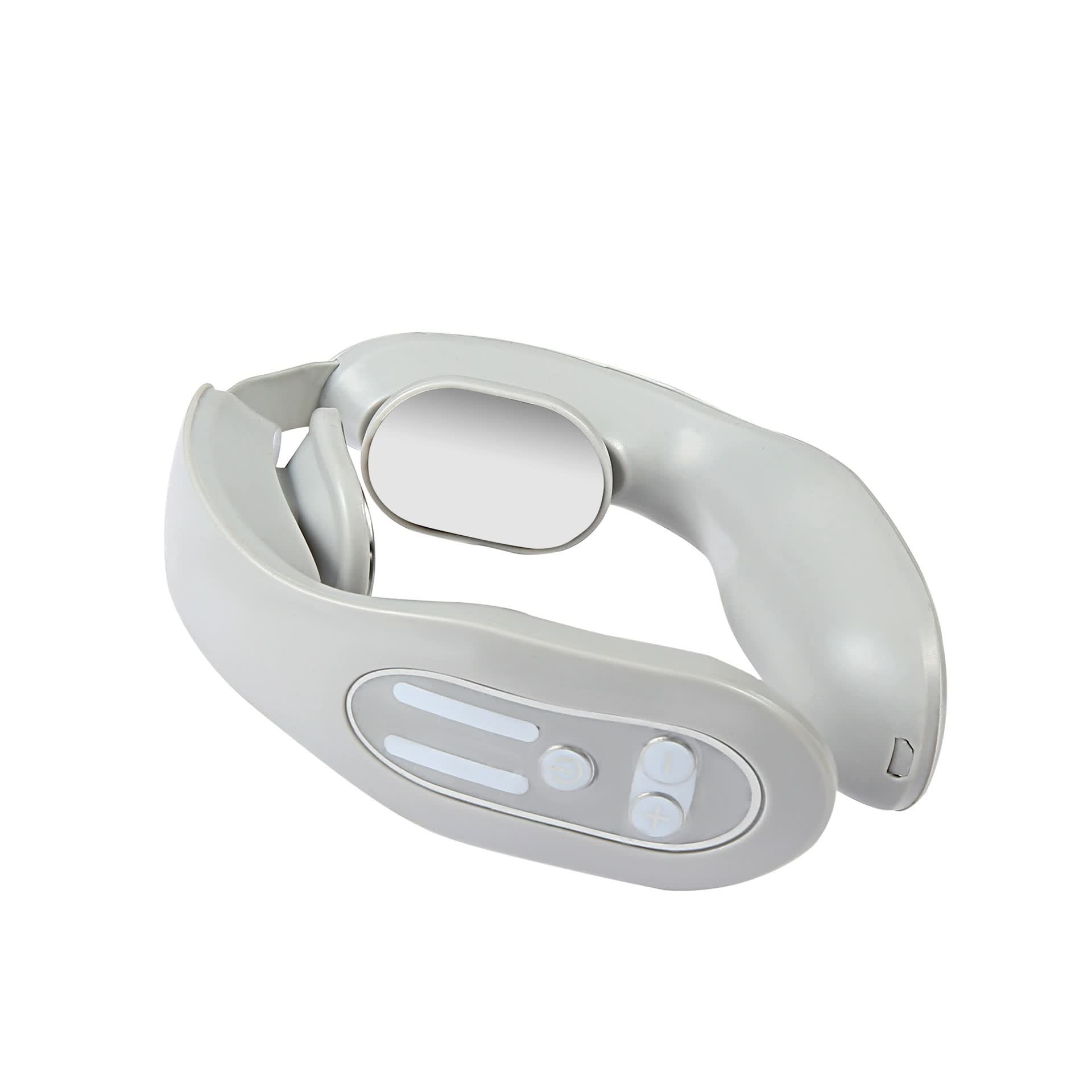 Gray Hlpmedical 12-level intelligent neck massager with heating function for pain relief and relaxation, showing its ergonomic design.