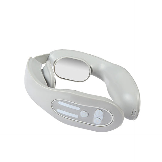 Gray Hlpmedical 12-level intelligent neck massager with heating function for pain relief and relaxation, showing its ergonomic design.