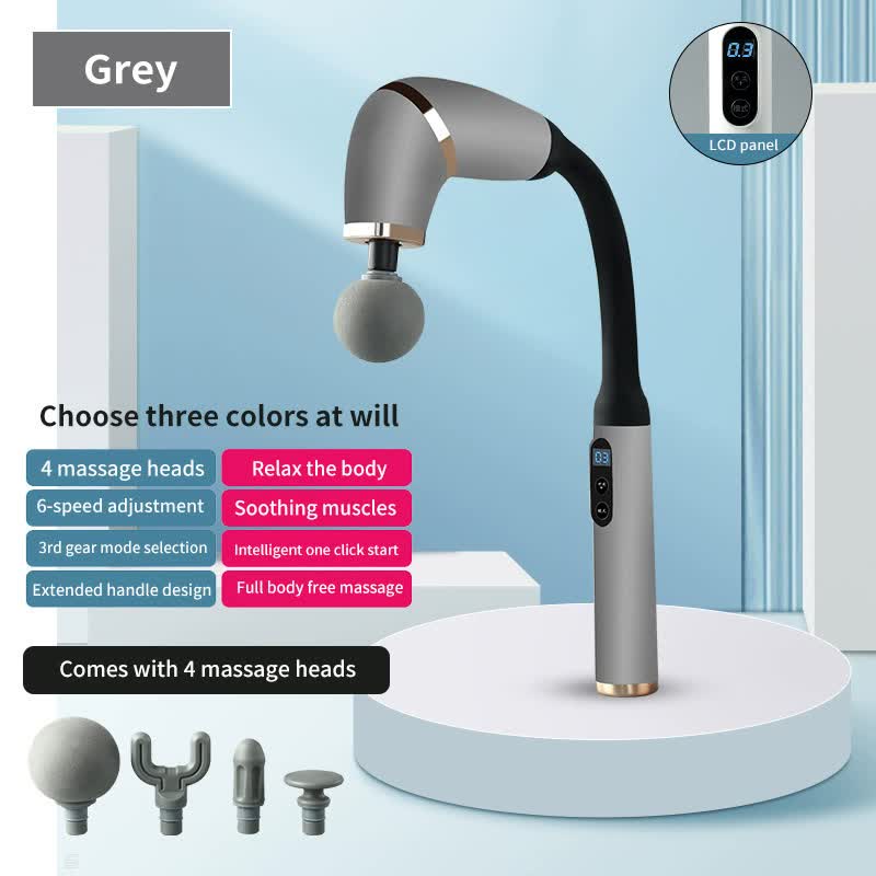 Gray portable elbow massage gun by Hlpmedical, a 2000 mAh muscle relaxation tool for pain relief and muscle recovery.