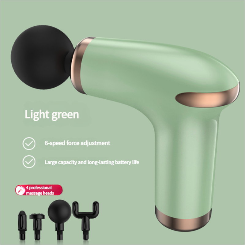 Green Hlpmedical massage gun with 6-speed settings and 4 professional massage heads for deep tissue relaxation.