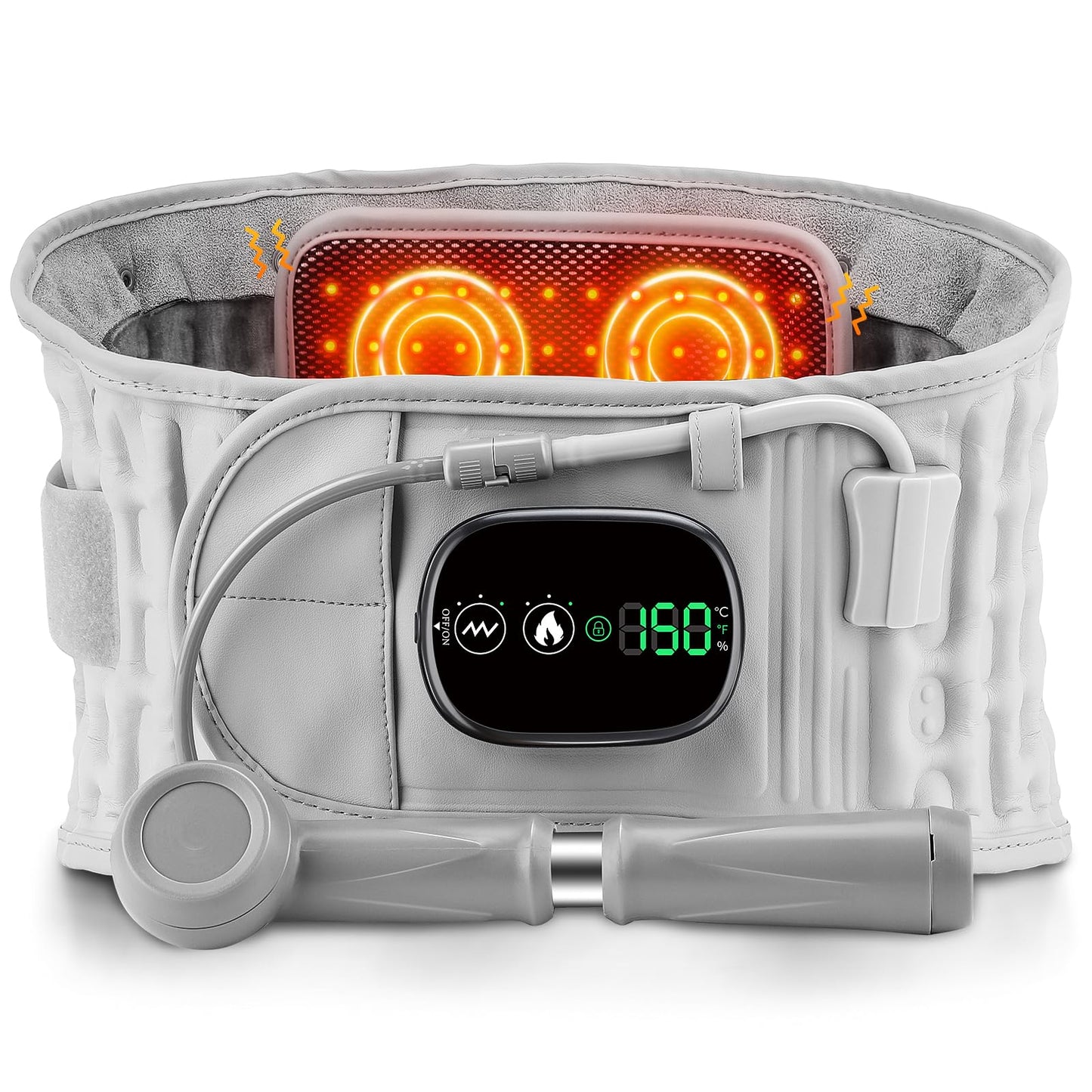 Gray inflatable heating massage waist belt with 3 heat levels and vibration, cordless back support for men and women from Hlpmedical.