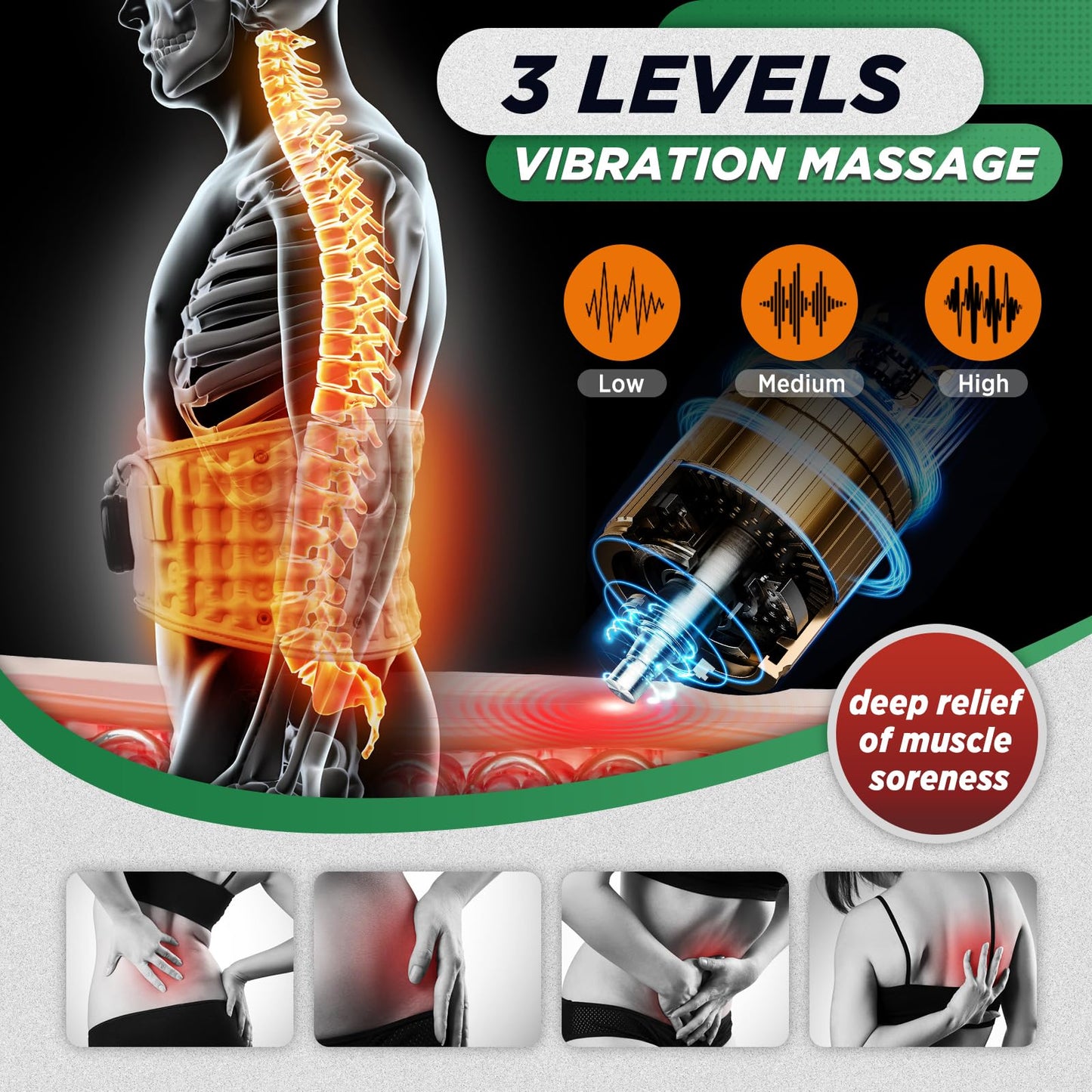 Gray inflatable heating massage waist belt with 3-level heat and vibration, cordless back support for men and women, by Hlpmedical.