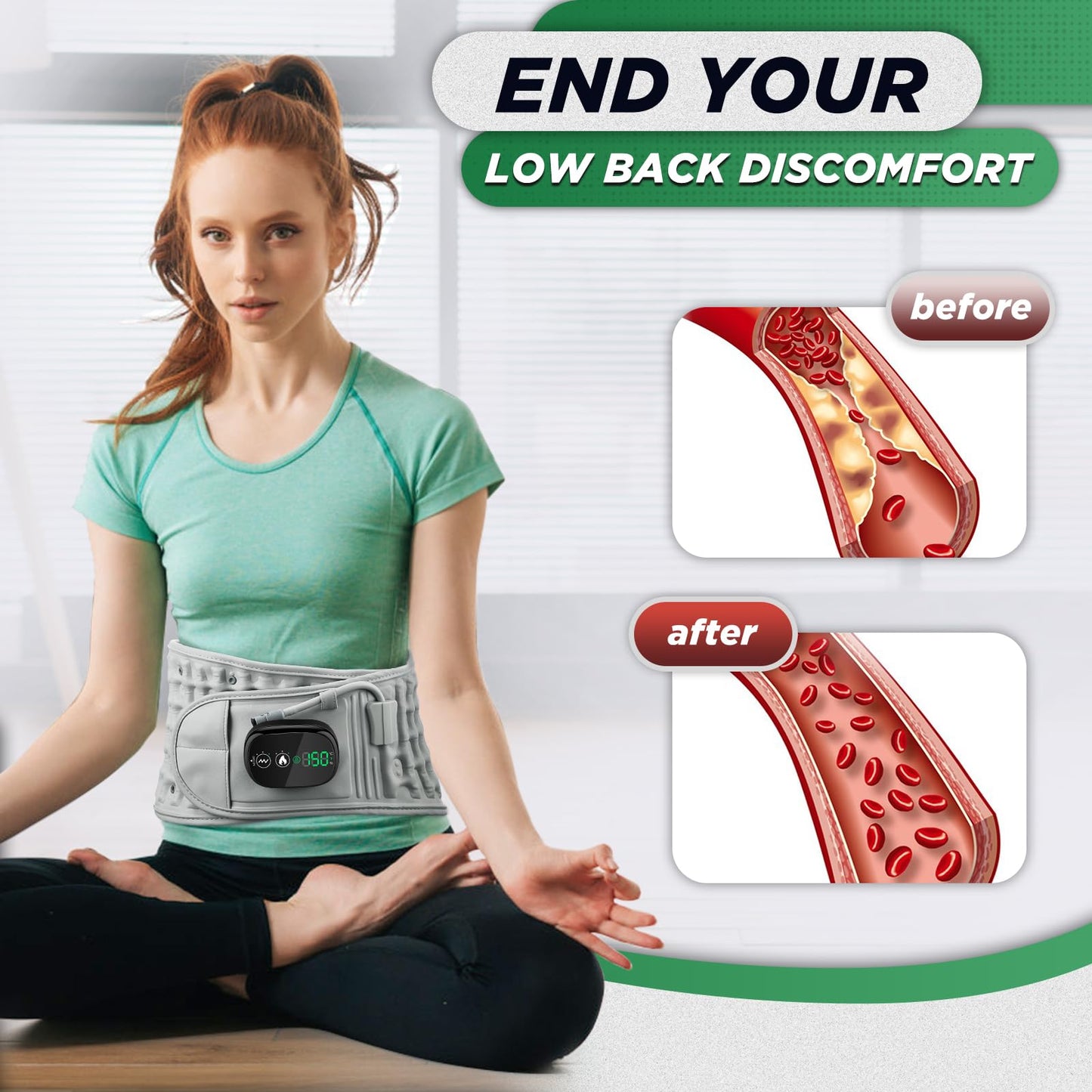 Gray inflatable heating massage waist belt with 3-level heat and vibration, cordless back support for men and women by Hlpmedical.