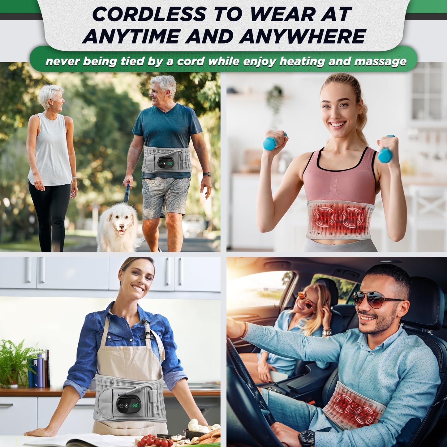 Gray inflatable heating massage waist belt with 3-level heat and vibration, cordless back support for men and women by Hlpmedical.