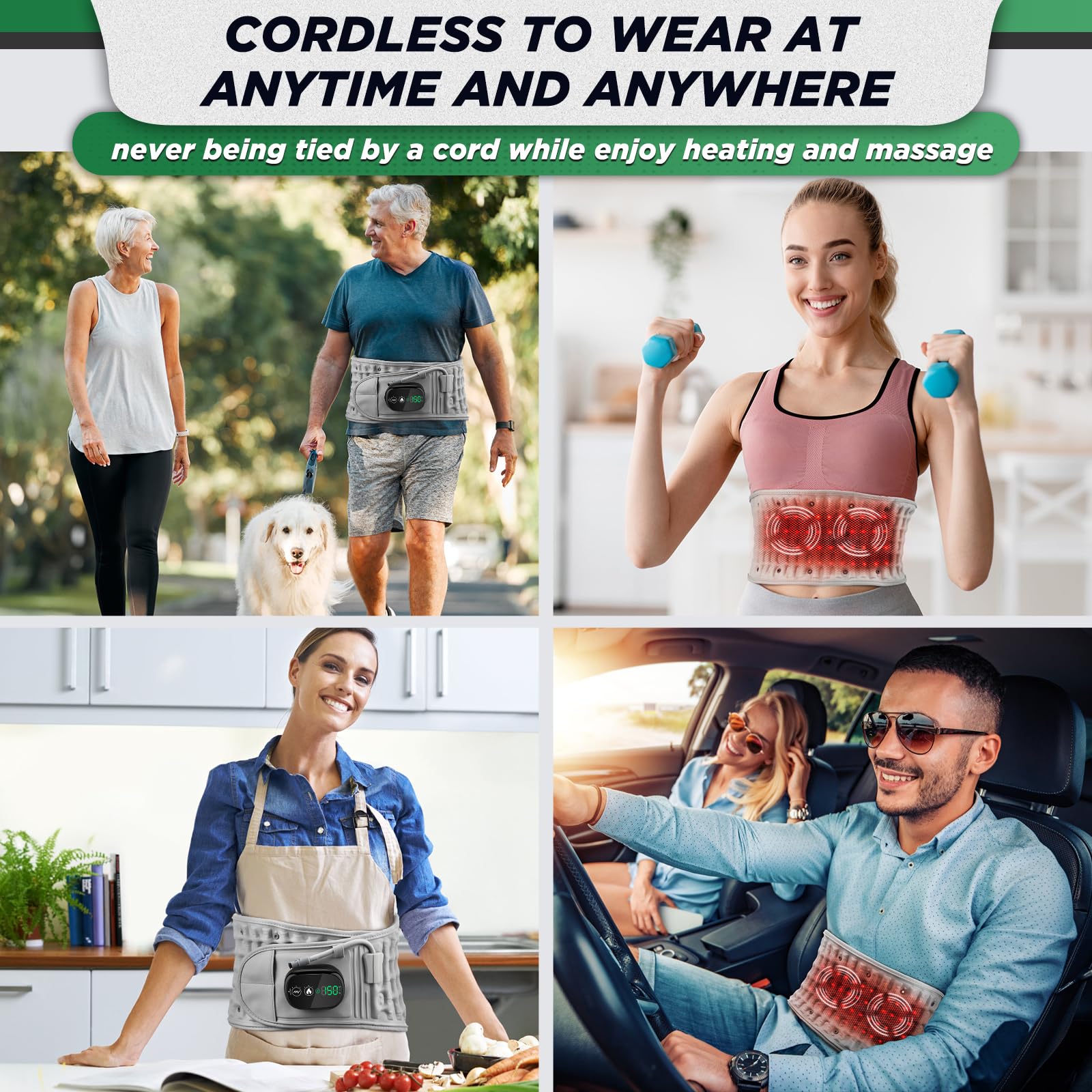 Gray inflatable heating massage waist belt with 3-level heat and vibration, cordless back support for men and women by Hlpmedical.