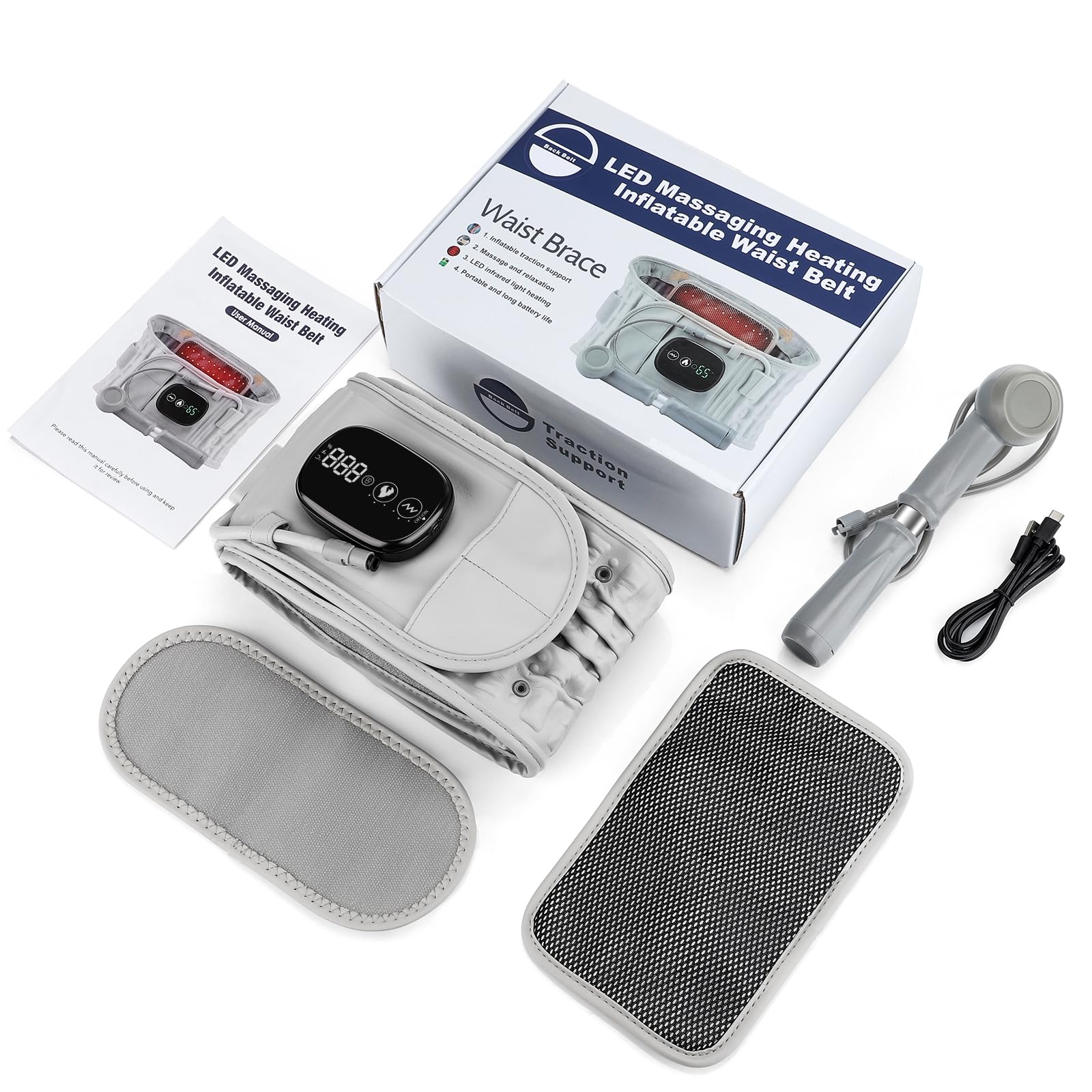 Gray inflatable heating massage waist belt with adjustable heat and vibration, cordless back support for men and women by Hlpmedical.