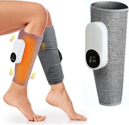 Grey cordless calf massager by Hlpmedical with air compression for improved blood circulation and pain relief.
