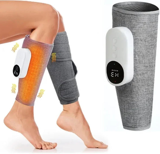 Grey cordless calf massager by Hlpmedical with air compression for improved blood circulation and pain relief.