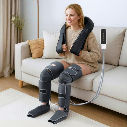 Hlpmedical Livemor electric leg and foot massager with air wrap, shiatsu neck massage, and heating for relaxation and pain relief.