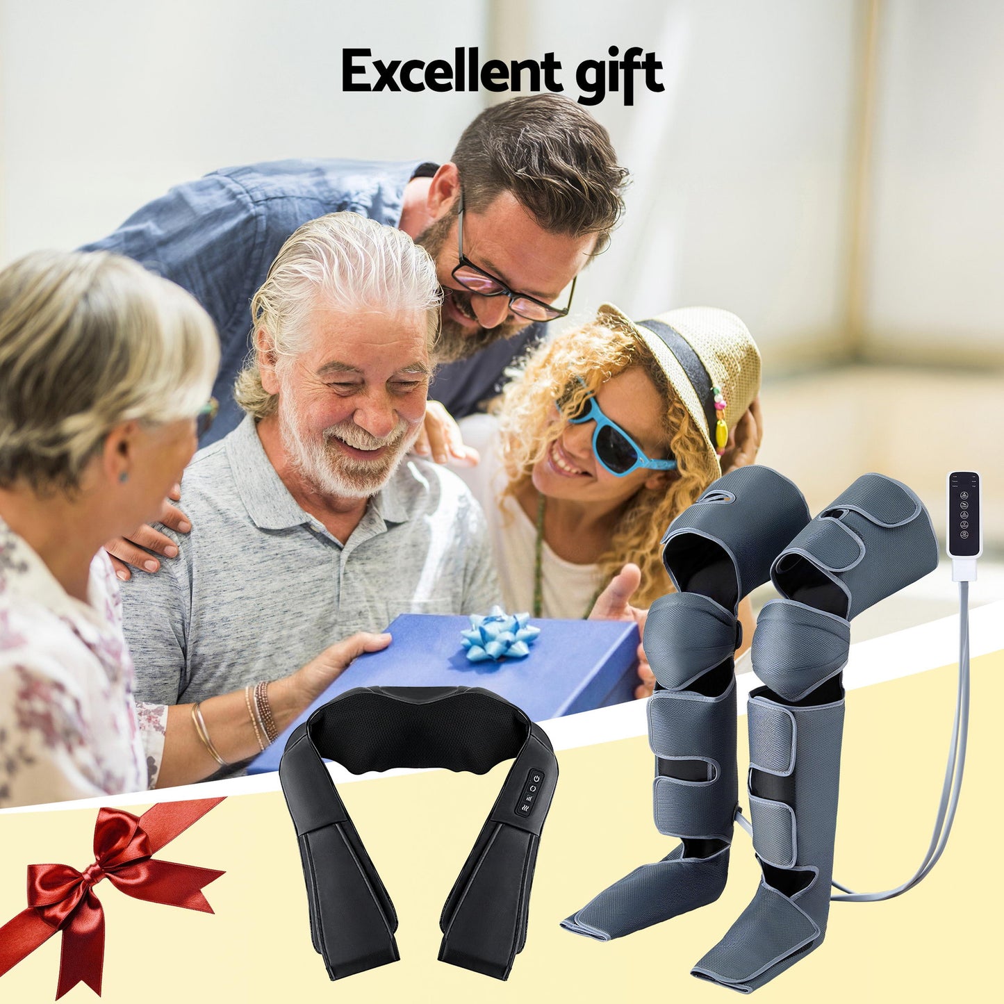 Hlpmedical Livemor electric leg and foot massager with air wrap, shiatsu neck massage, and heating for relaxation and pain relief.