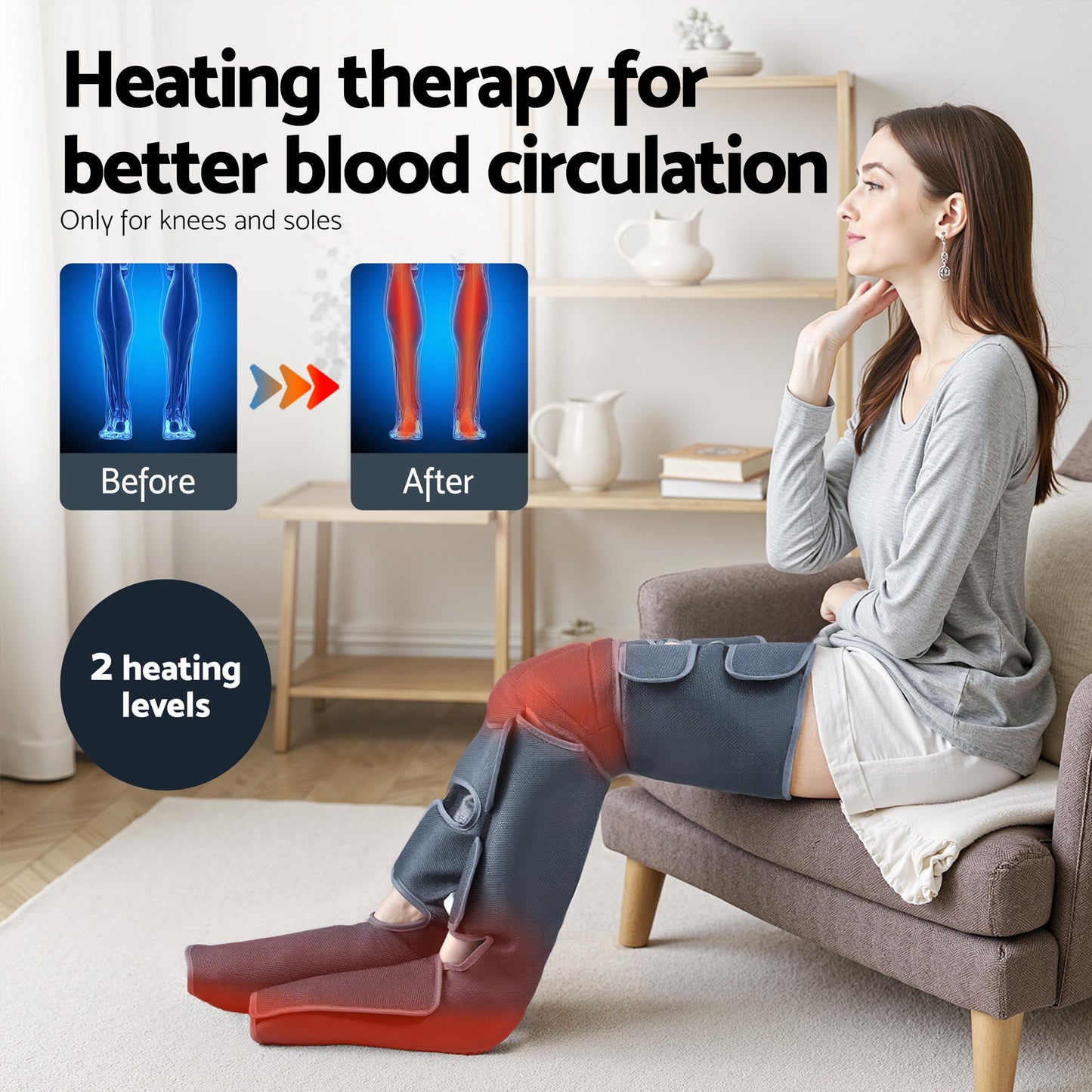 Hlpmedical Livemor leg and foot massager with air compression, back and neck massage, and heat therapy for relaxation.
