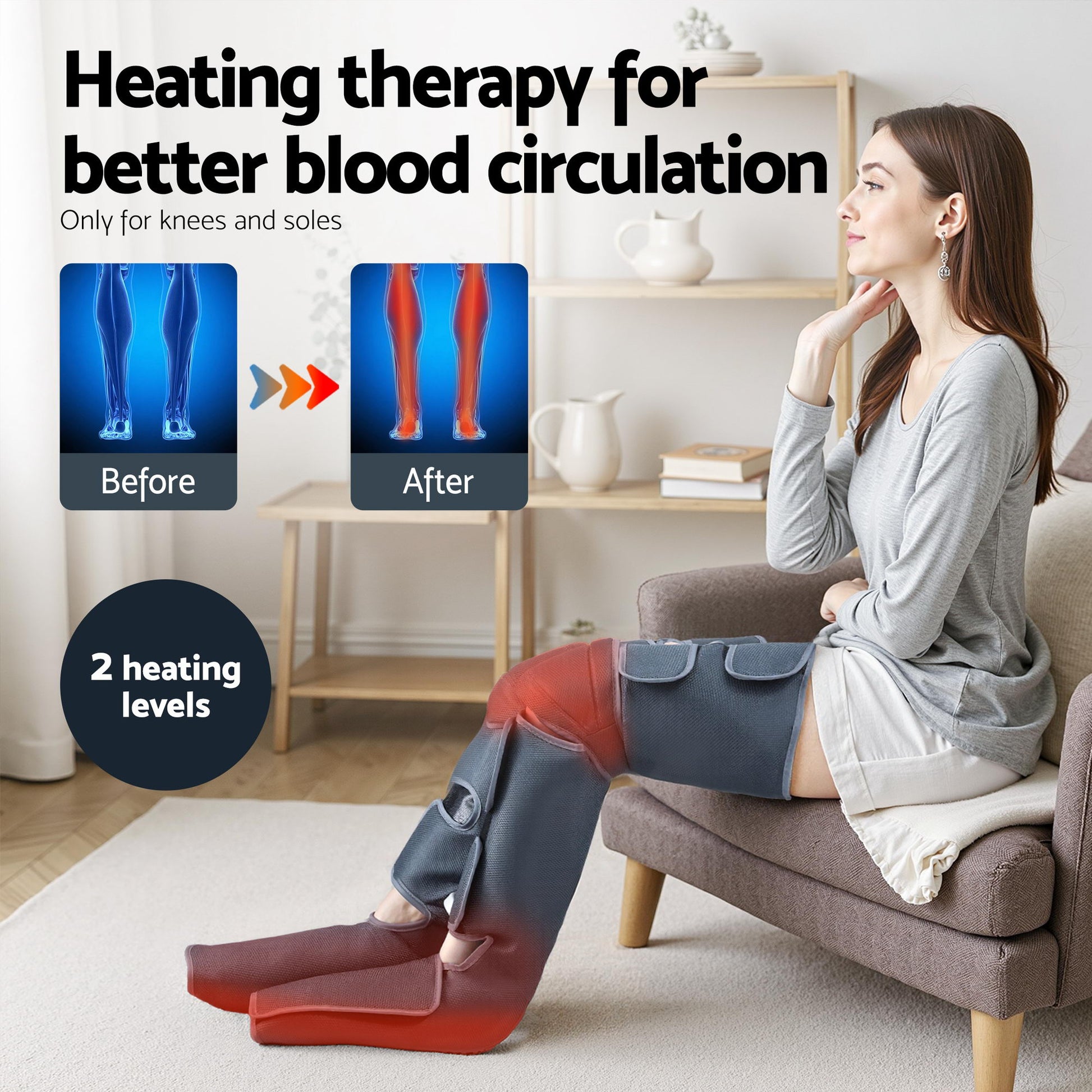 Hlpmedical Livemor leg and foot massager with air compression, back and neck massage, and heat therapy for relaxation.