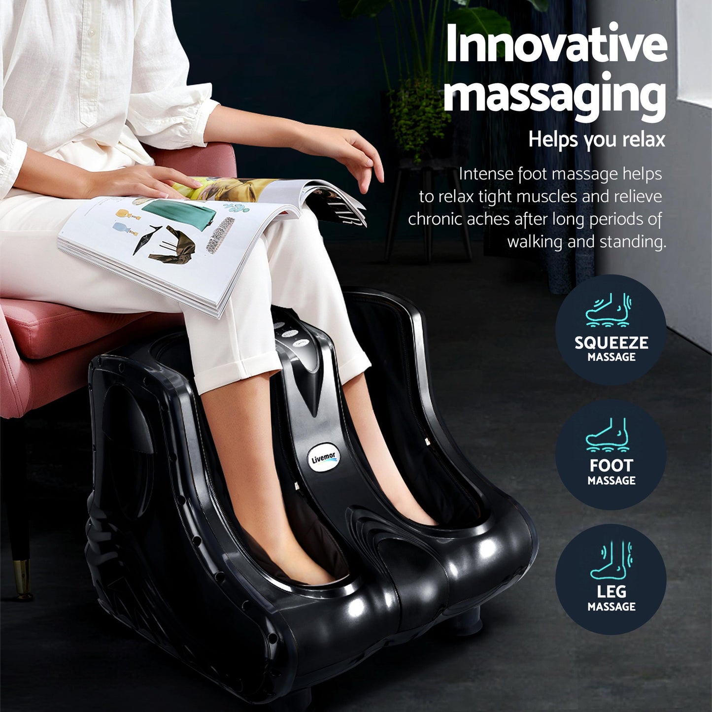 Hlpmedical Livemor massage cushion with heating, calf and foot massager, designed for relaxation and comfort in health and beauty.