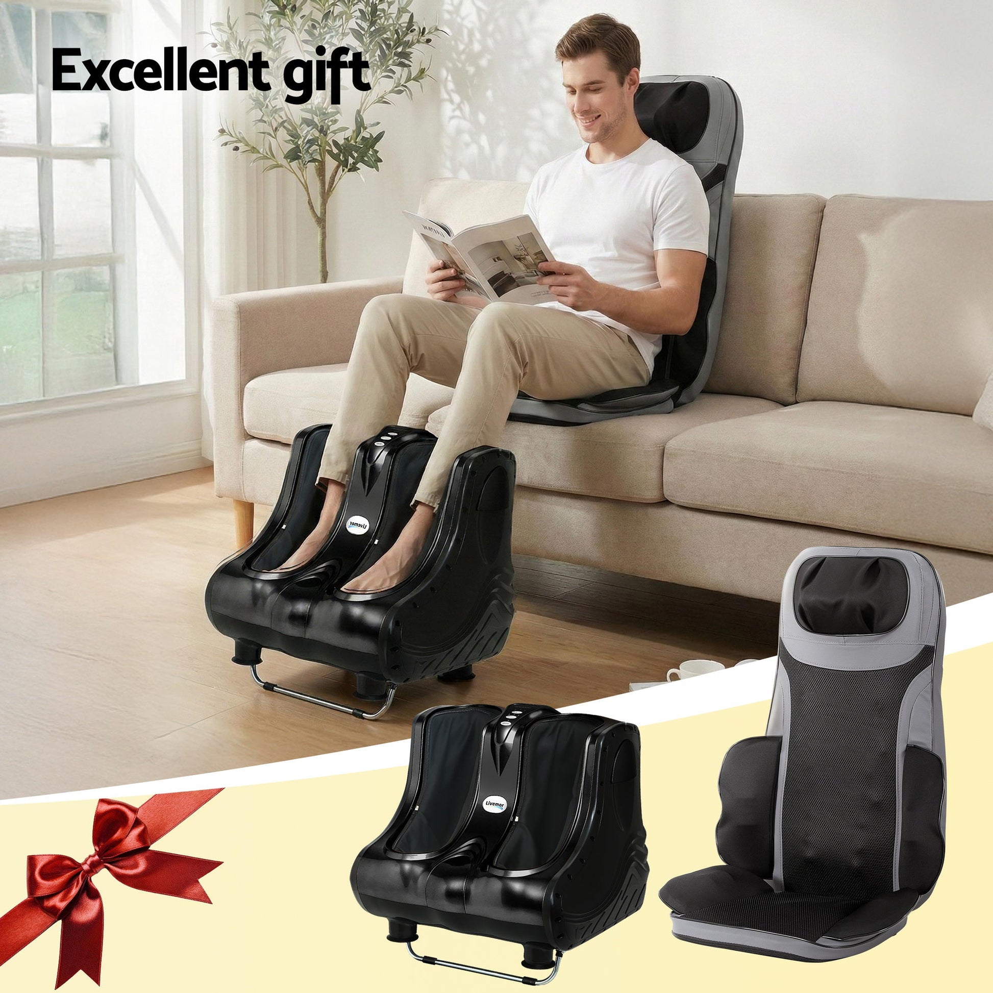Hlpmedical Livemor massage cushion with heating, calf and foot massager for relaxation and pain relief.