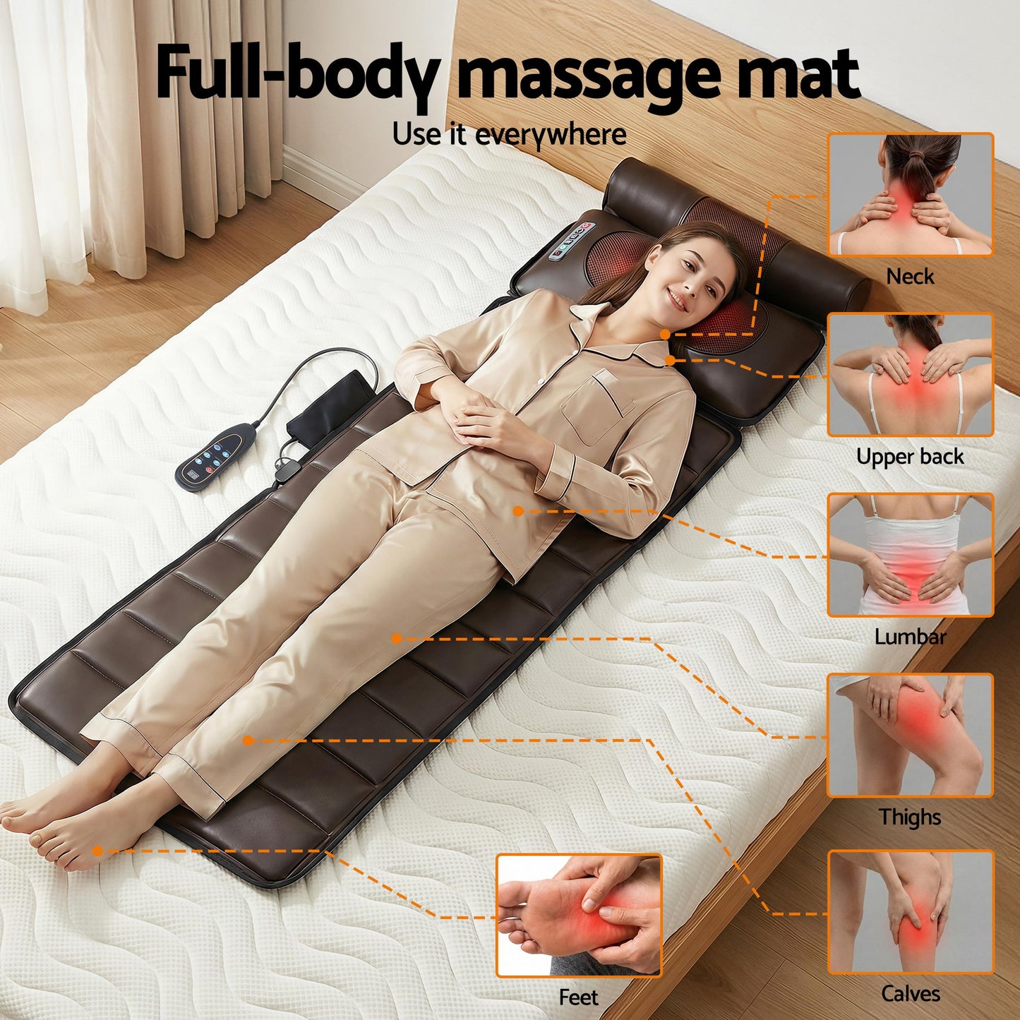 Hlpmedical Livemor massage mat with kneading, heated vibration, and airbags for neck and foot relaxation on a soft mattress.
