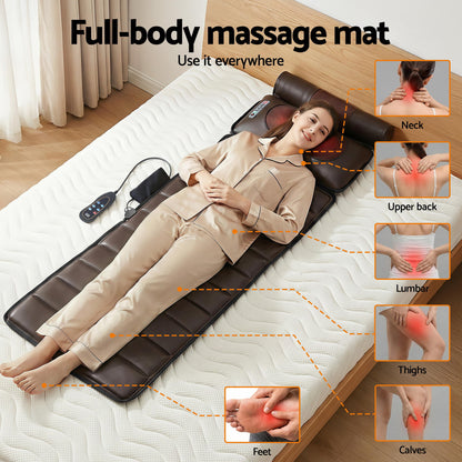 Hlpmedical Livemor massage mat with kneading, heated vibration, and airbags for neck and foot relaxation on a soft mattress.
