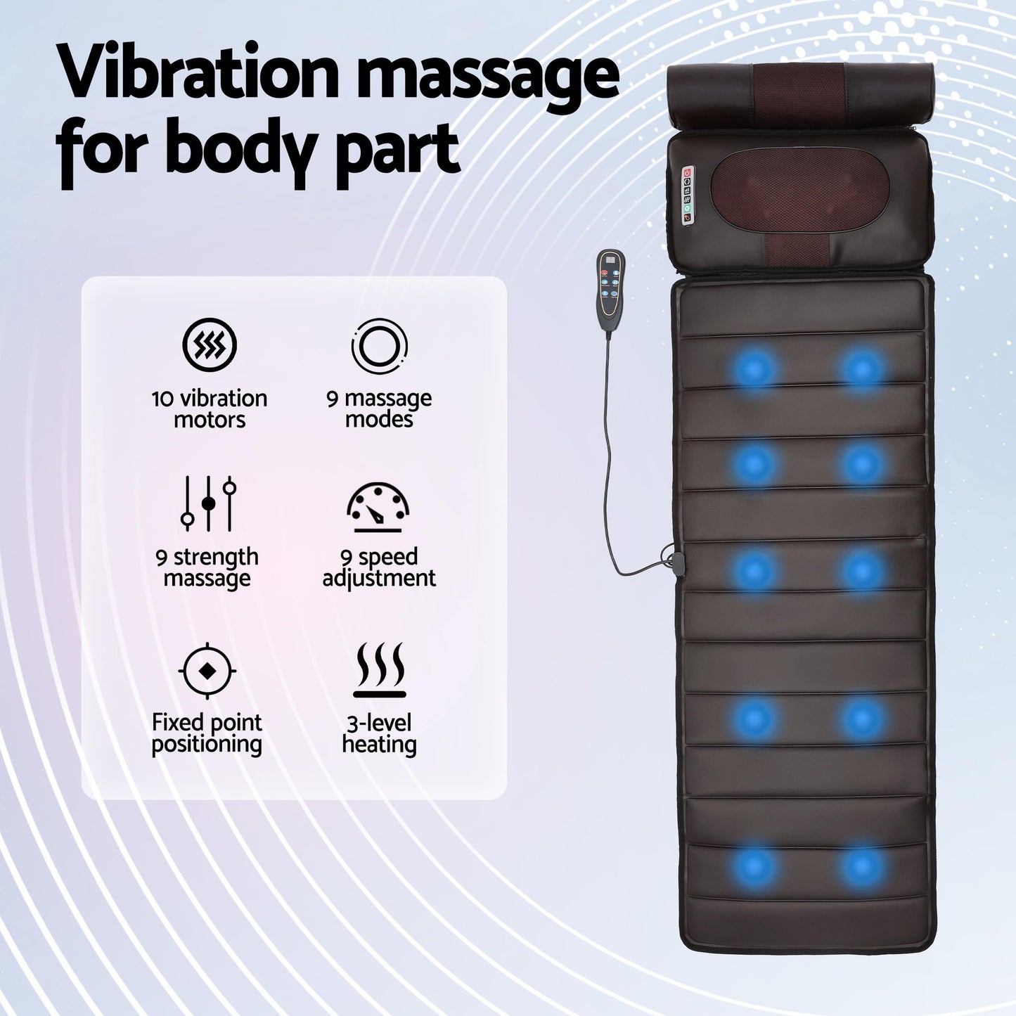 Hlpmedical Livemor massage mat with kneading, heated vibration, and airbags for neck and foot relaxation on a soft mattress.