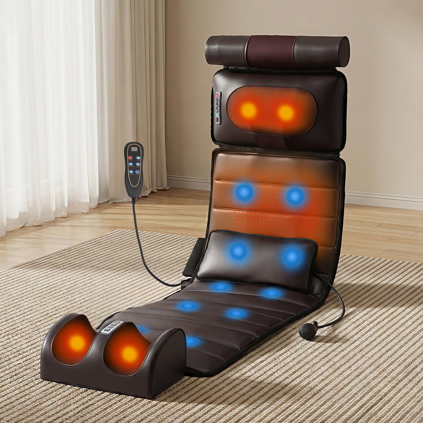 Hlpmedical Livemor massage mat with kneading, heated vibration, and airbag features for neck and foot relaxation.