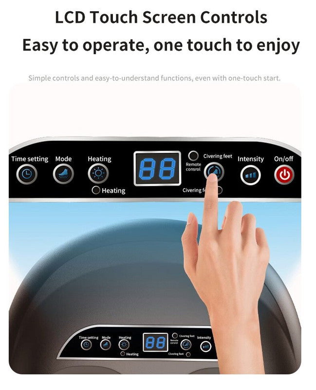 Hlpmedical luxury black automatic foot and calf massager with digital display, adjustable intensity, shiatsu massage, and air compression.