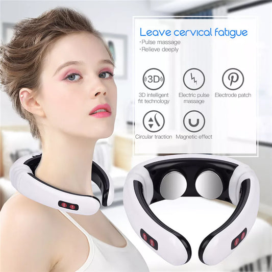 Hlpmedical neck massager with pulse therapy, cervical massage device for pain relief and relaxation, shown in use.