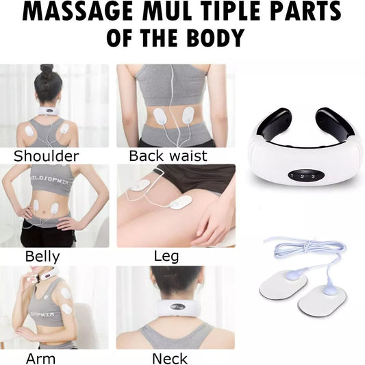 Hlpmedical neck massager with pulse therapy, cervical massage device for pain relief and relaxation, in use on neck area.