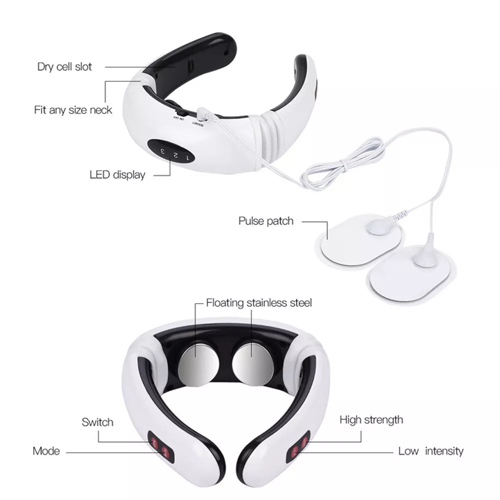 Hlpmedical neck massager with pulse therapy for cervical pain relief and relaxation, showing ergonomic design and control buttons.
