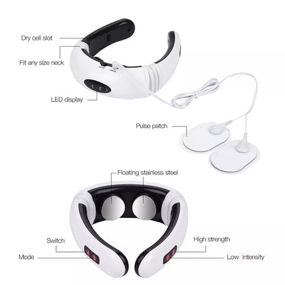 Hlpmedical neck massager with pulse therapy for cervical pain relief and relaxation, showing ergonomic design and control buttons.