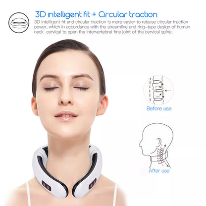 Hlpmedical neck massager with pulse therapy for pain relief and relaxation, cervical massage device showing its design and controls.