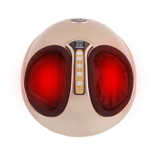 Hlpmedical Orku 3D foot massager machine with gold finish, featuring heat, kneading, and air compression for relaxing foot massage.
