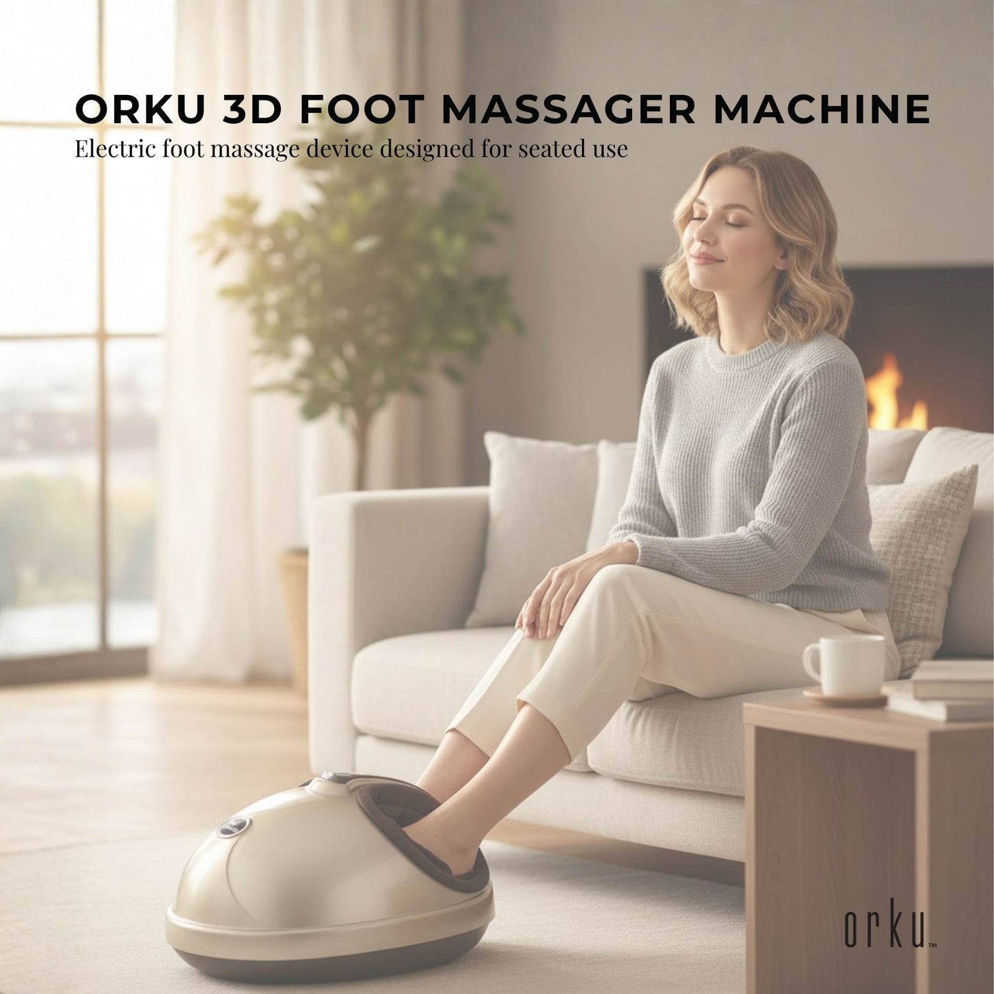 Hlpmedical Orku 3D Foot Massager Machine with gold finish, showing kneading, heat, and air compression features for relaxation.