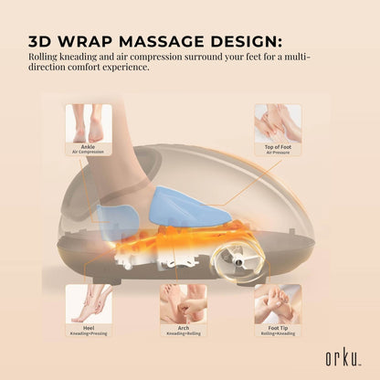 Hlpmedical Orku 3D foot massager machine in gold with heat, kneading, and air compression for home relaxation and foot therapy.