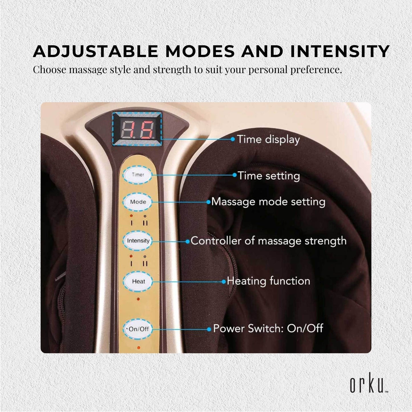 Hlpmedical Orku 3D foot massager machine in gold with heat, kneading, and air compression for relaxing foot massage.