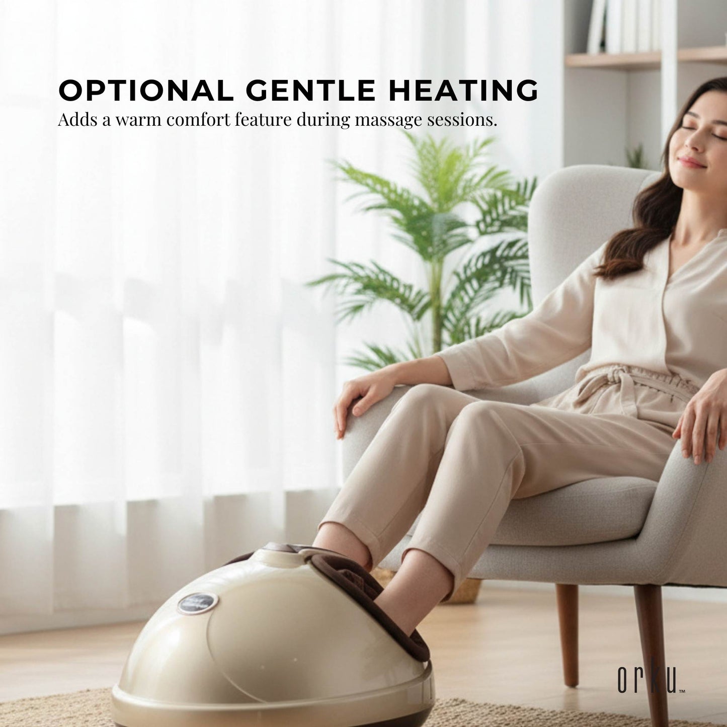 Hlpmedical Orku 3D foot massager machine with gold finish, featuring heat, kneading, and air compression for relaxation.