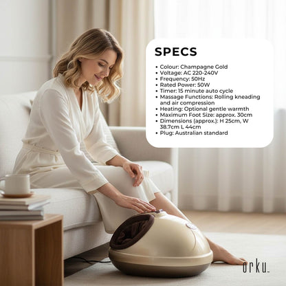 Hlpmedical Orku 3D foot massager machine in gold with heat, kneading, and air compression for relaxing foot massage.