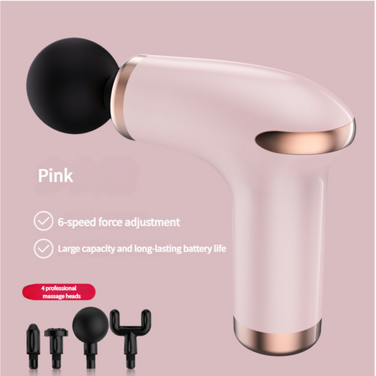 Pink Hlpmedical massage gun with 6 speeds and 4 professional massage heads for deep tissue relief and relaxation.