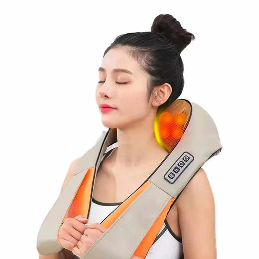 Hlpmedical portable kneading neck and shoulder massager with heat, beige color, four-button control for relaxation and relief.