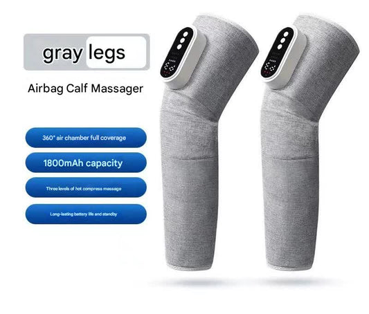Hlpmedical rechargeable air compression leg massager with heat therapy for knee and calf relief, in grey, designed for relaxation.