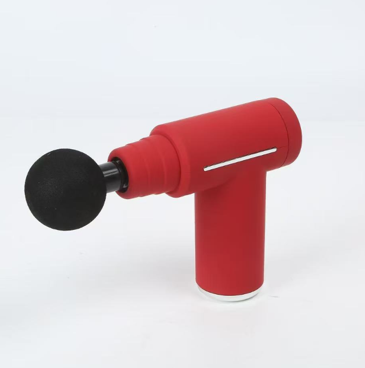 Red lightweight mini massage gun with six heads, dual thermal therapy, and adjustable intensity for muscle relief and recovery.