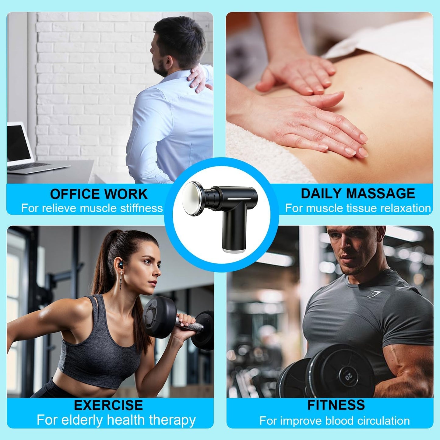 Red lightweight mini massage gun with six heads and adjustable intensities, designed for hot and cold therapy muscle recovery.