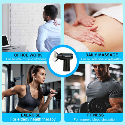 Red lightweight mini massage gun with six heads and adjustable intensities, designed for hot and cold therapy muscle recovery.