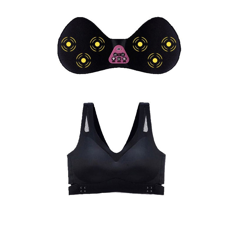 Black wireless electric breast massager bra with 5 vibration modes and 3 heat levels, designed for comfort and wellness.