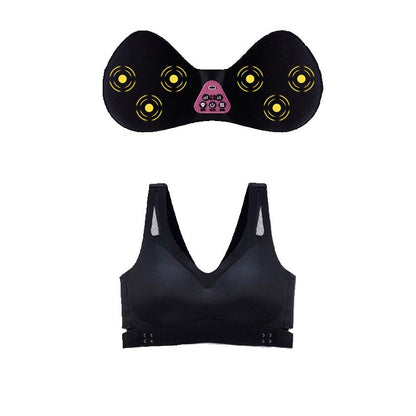 Black wireless electric breast massager bra with 5 vibration modes and 3 heat levels, designed for comfort and wellness.
